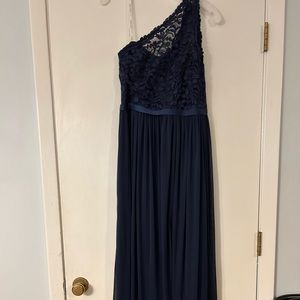 Lace bodice one shoulder David’s Bridal Navy Dress